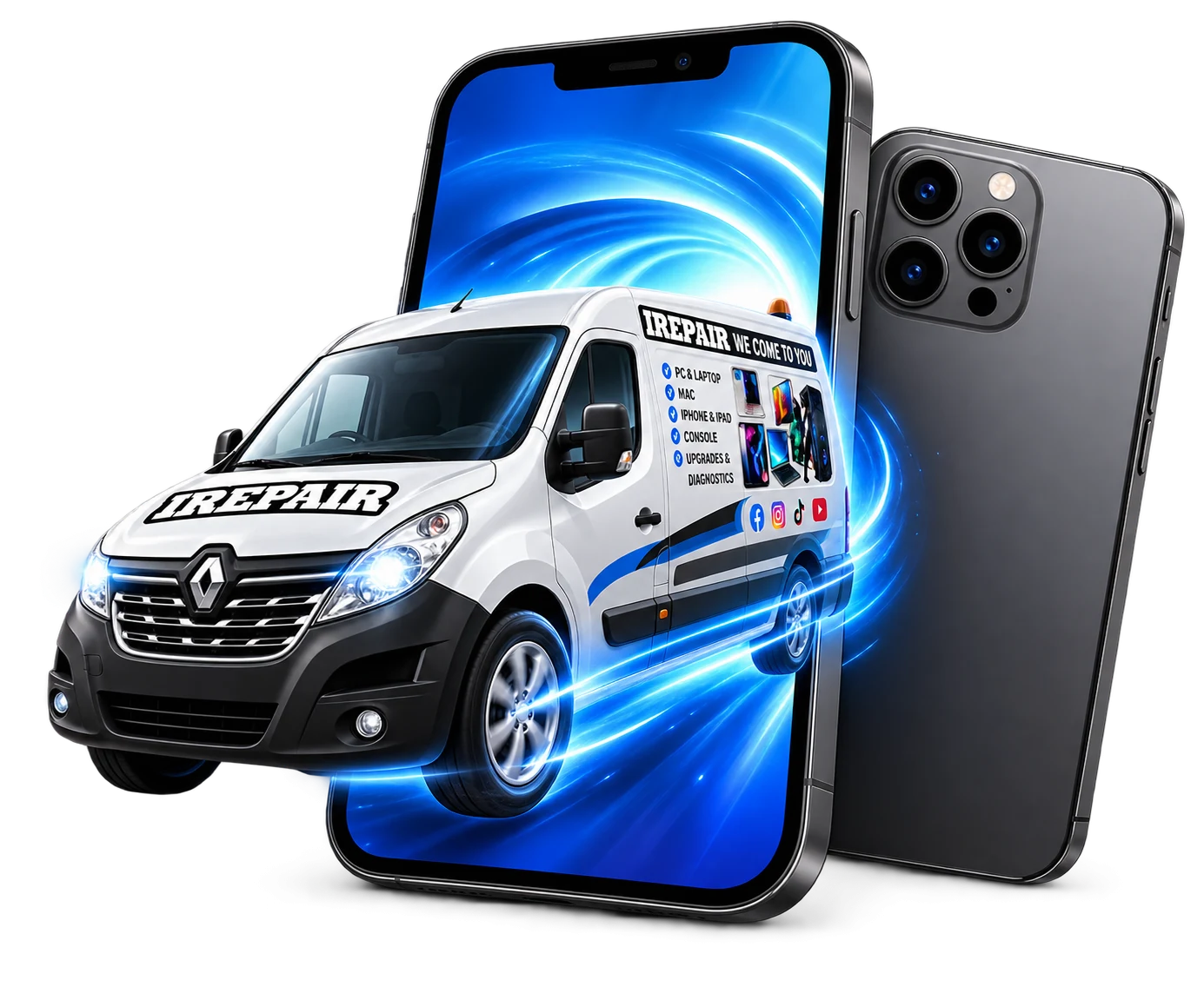 iRepair mobile repair van emerging from a phone screen