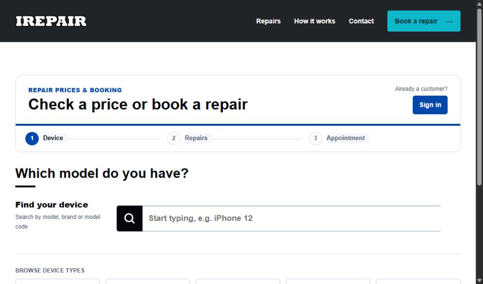 TechRepairOS customer booking screen with device search and phone, laptop, desktop, tablet and console choices